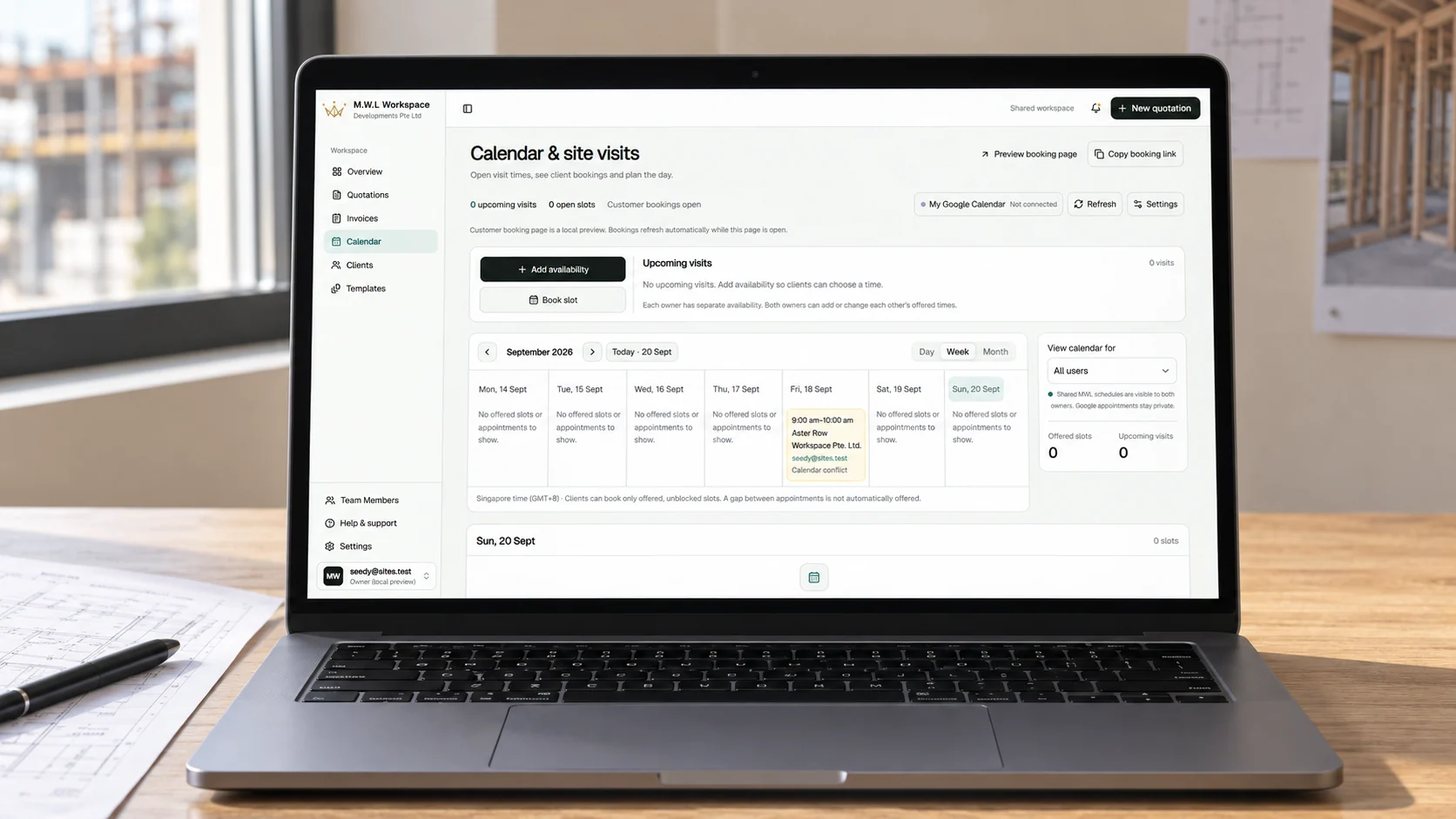 M.W.L Workspace calendar and site-visit scheduling displayed on a laptop